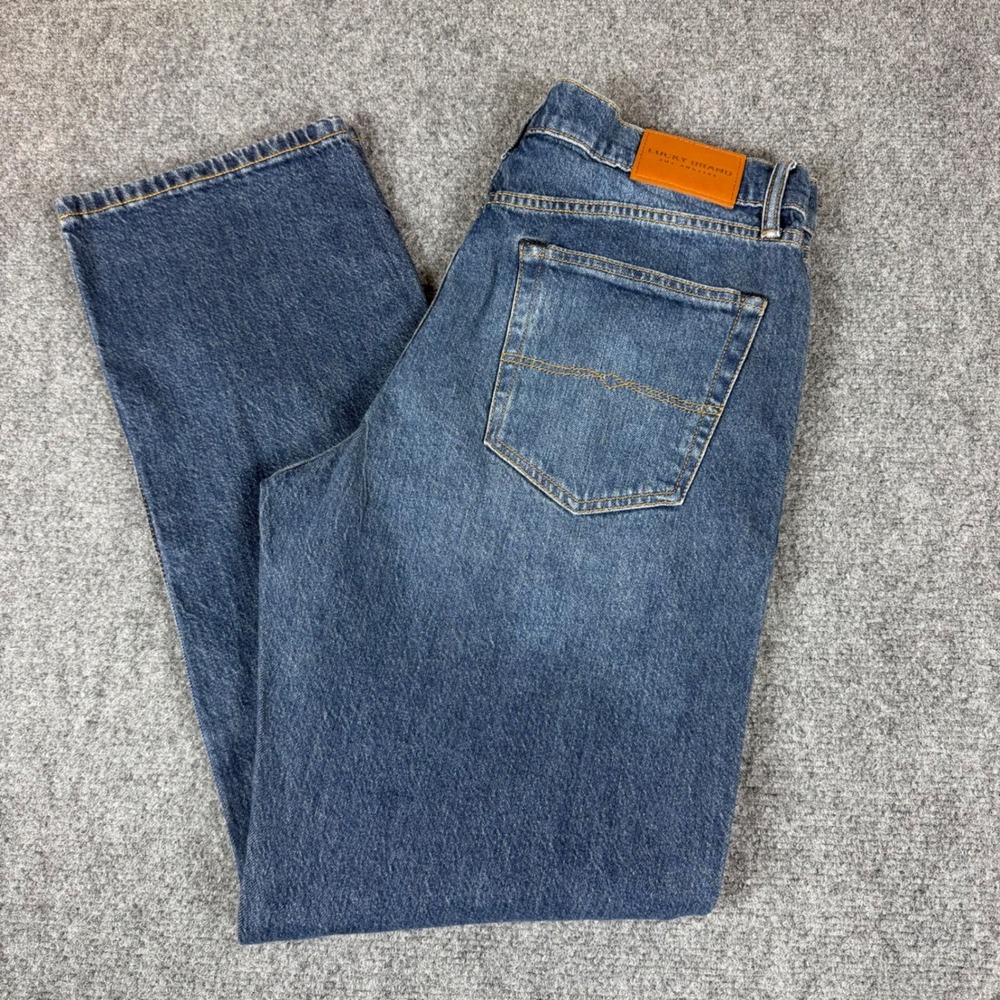Lucky Brand Mens Relaxed Straight Leg Distressed Medium Wash Blue Jeans 35x31